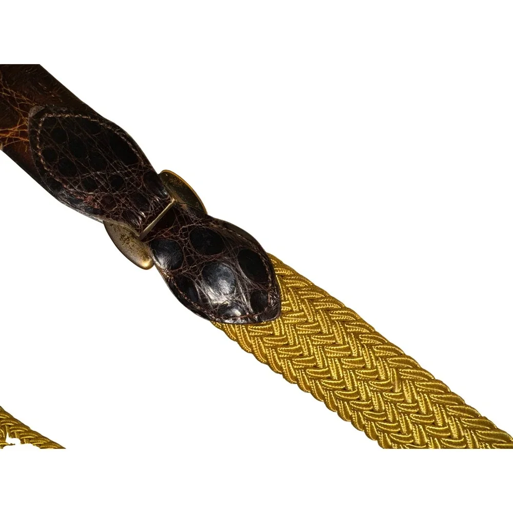 Vintage Brown Crocodile Leather and Gold Woven Elastic Skinny Belt Brass Buckle